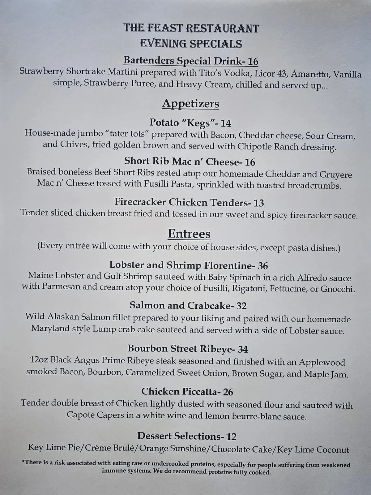 Feast Dinner Specials 8-17-25