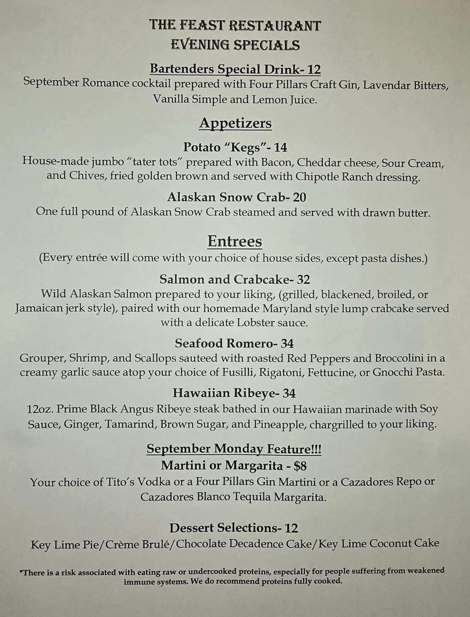 Monday evening specials 9 8 25 the feast