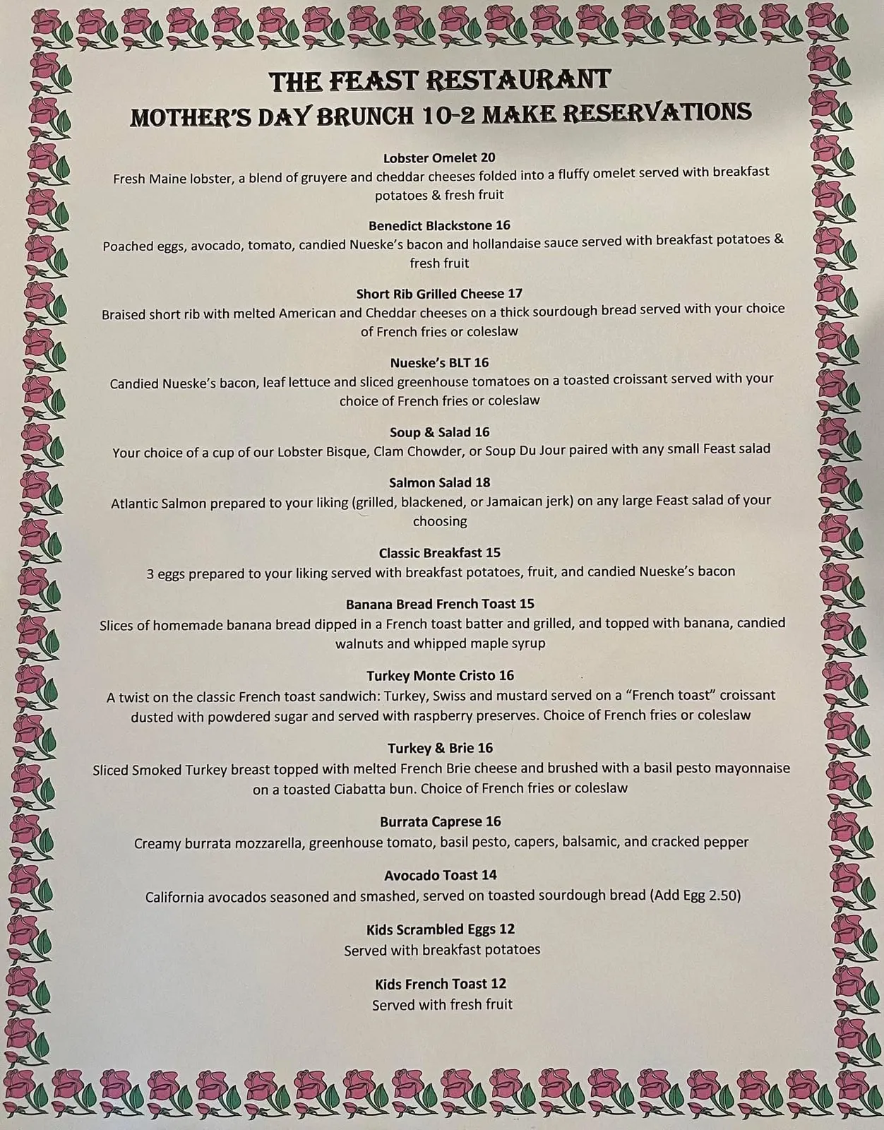 Mothers Day brunch menu the feast Anna Maria