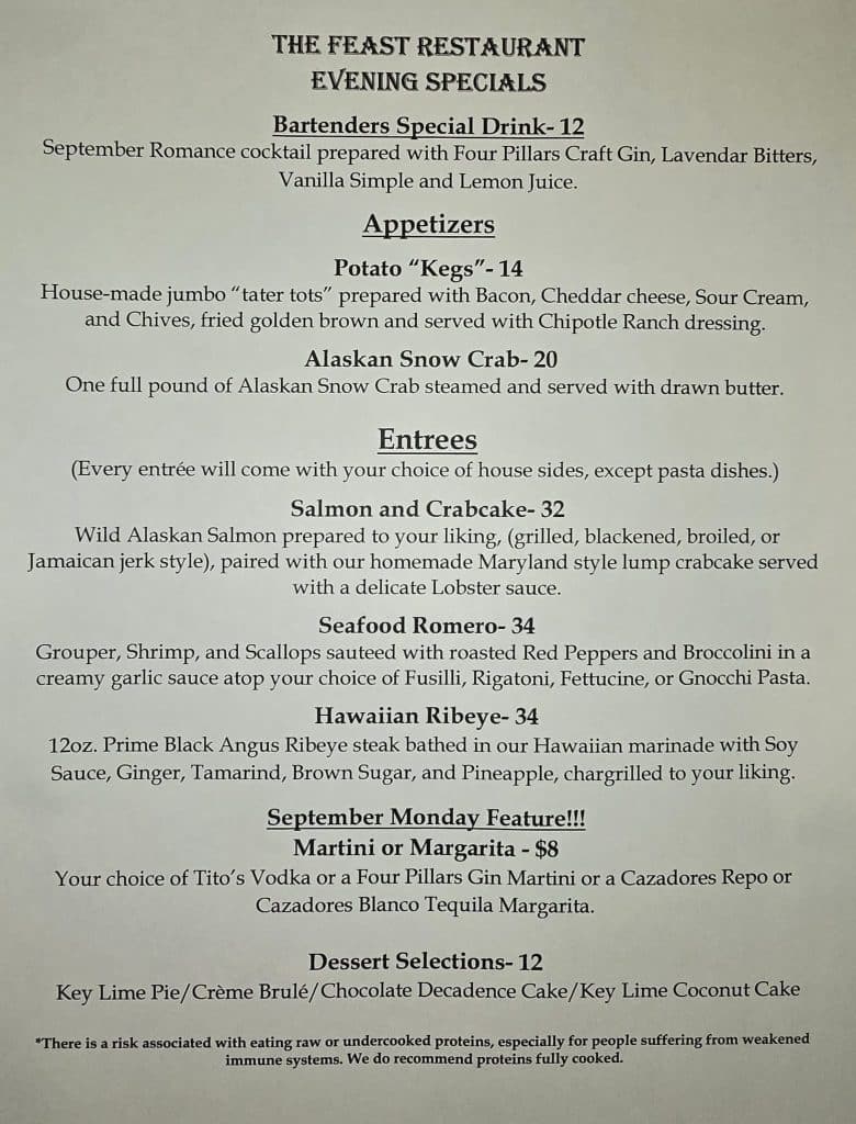 Monday evening specials 9 8 25 the feast