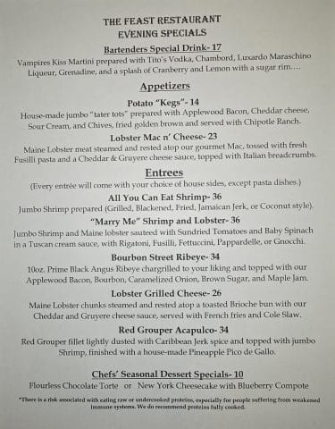 The Feast Restaurant Tuesday Specials 10-14-25