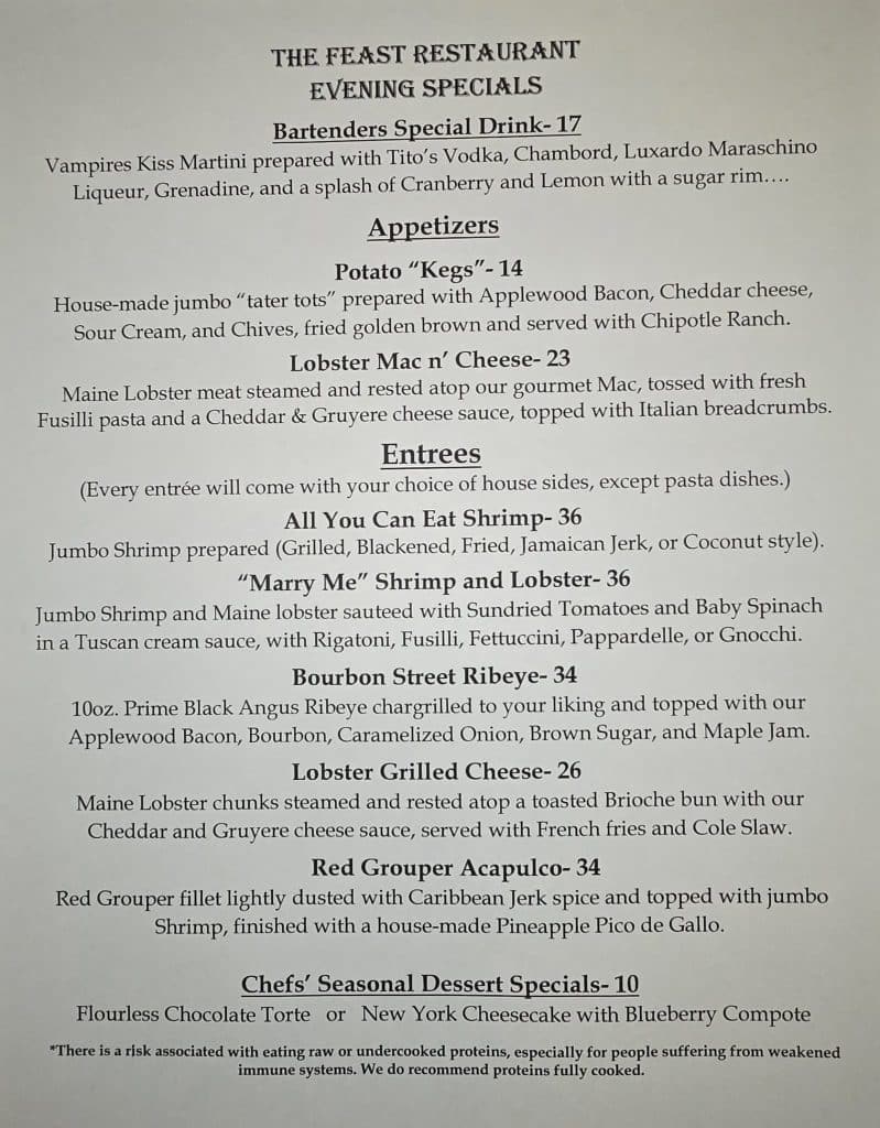 The Feast Restaurant Tuesday Specials 10-14-25