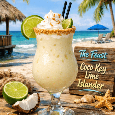 Coco Key Lime Islander Craft Cocktail from The Feast Restaurant stylized image in a tropical setting